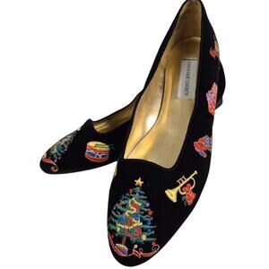 Vtg 80s Carriage Court Black Velvet Holiday Theme  Flats Colorful Embroidery  9